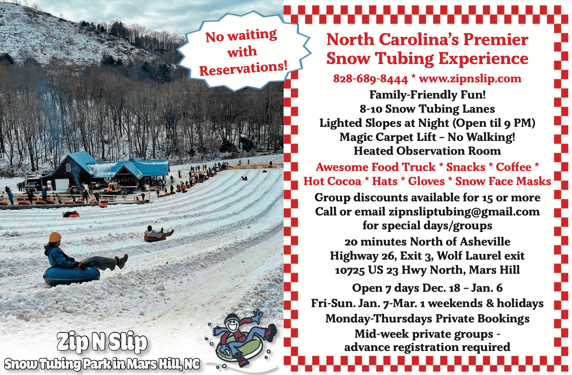 Snow tubing park with people sliding on snowy slopes, text about North Carolina's snow tubing experience.
